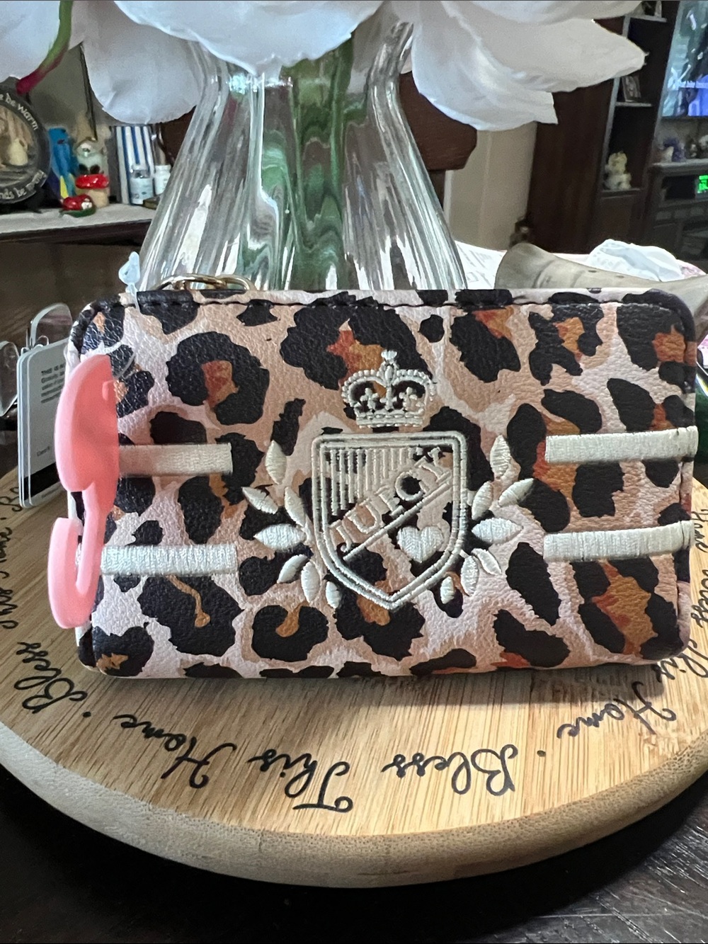 Juicy Couture Pink and Brown Leopard Wristlet with Crest Emblem